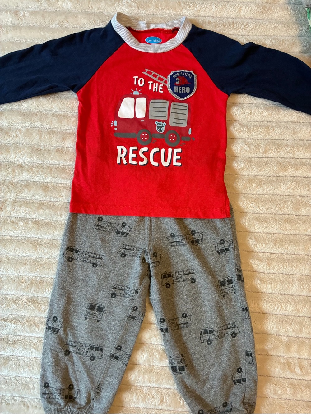 Fire Truck Outfit Bundle 18M 24M Toddler Boys Long Sleeve Shirts Pants Set